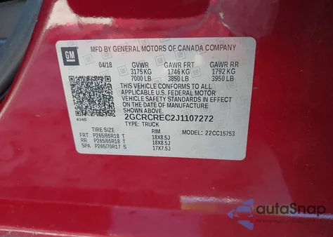 2018 Chevrolet Silverado 1Lt from USA, damaged, VIN 2GCRCREC2J1107272